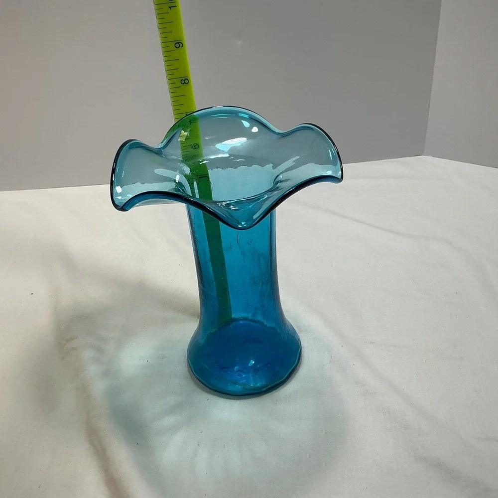 Blue Glass Vase Ruffled Rim Decor Bud Vase Flower Vase‎ Home Decor